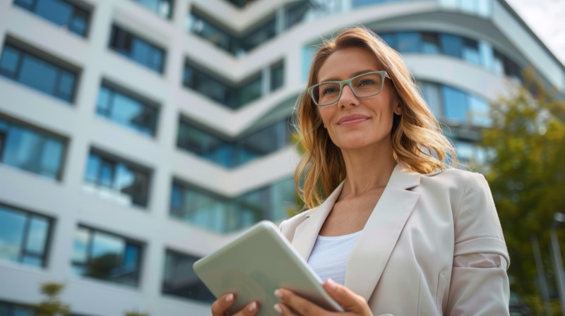 A woman in a blazer holds a tablet in front of an apartment building